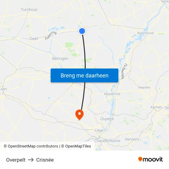 Overpelt to Crisnée map
