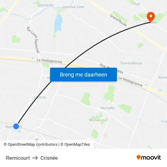 Remicourt to Crisnée map