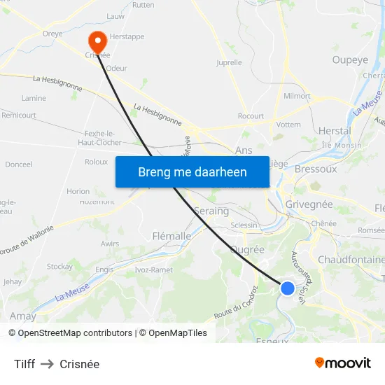 Tilff to Crisnée map