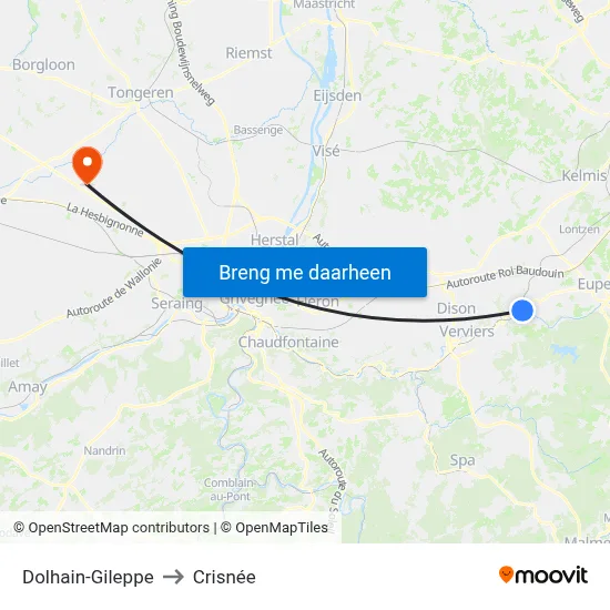 Dolhain-Gileppe to Crisnée map