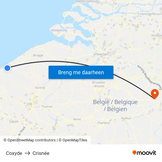 Coxyde to Crisnée map