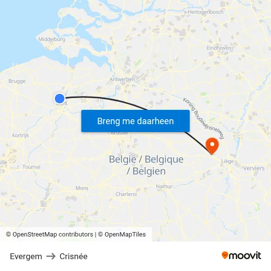Evergem to Crisnée map