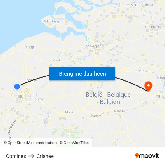 Comines to Crisnée map