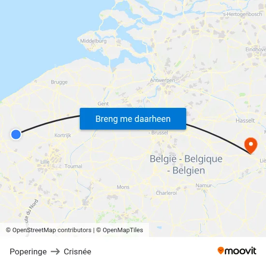 Poperinge to Crisnée map