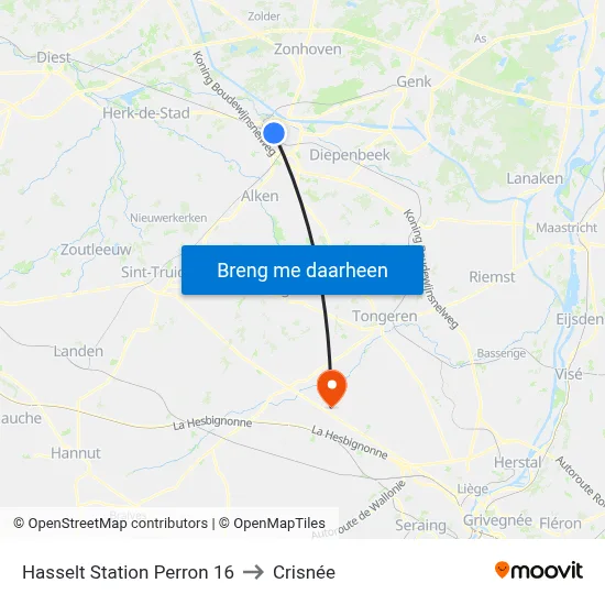 Hasselt Station Perron 16 to Crisnée map