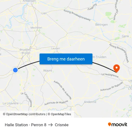 Halle Station - Perron 8 to Crisnée map