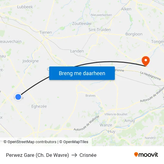 Perwez Gare (Ch. De Wavre) to Crisnée map