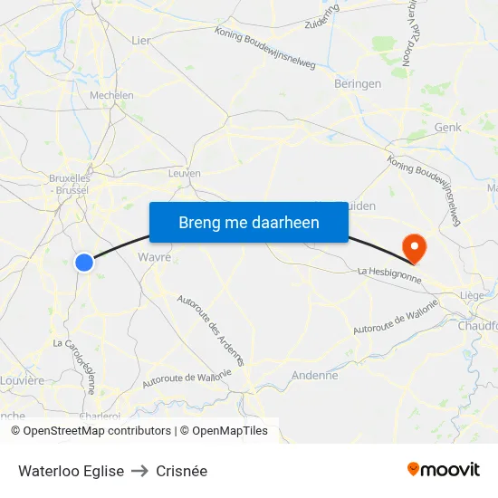 Waterloo Eglise to Crisnée map