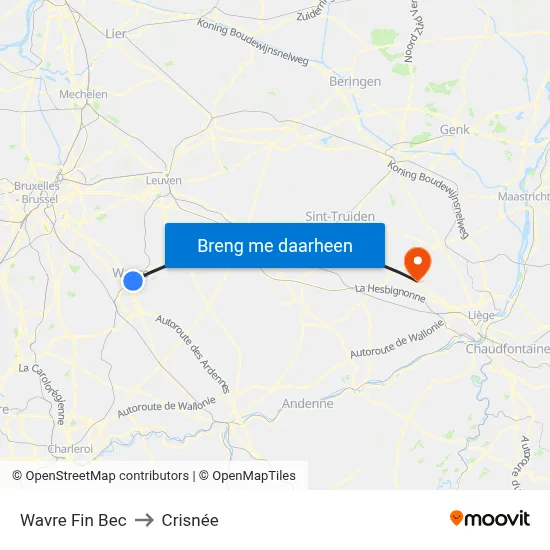 Wavre Fin Bec to Crisnée map