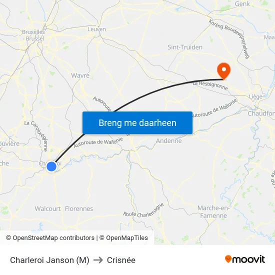 Charleroi Janson (M) to Crisnée map