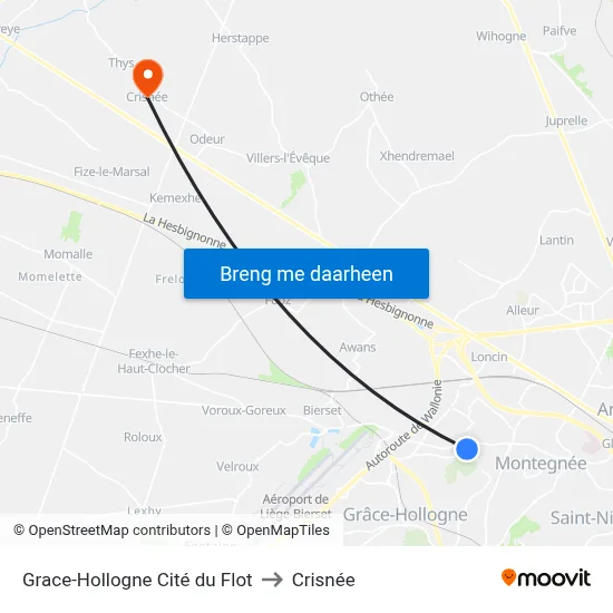 Grace-Hollogne Cité du Flot to Crisnée map