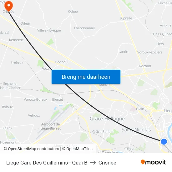 Liege Gare Des Guillemins - Quai B to Crisnée map