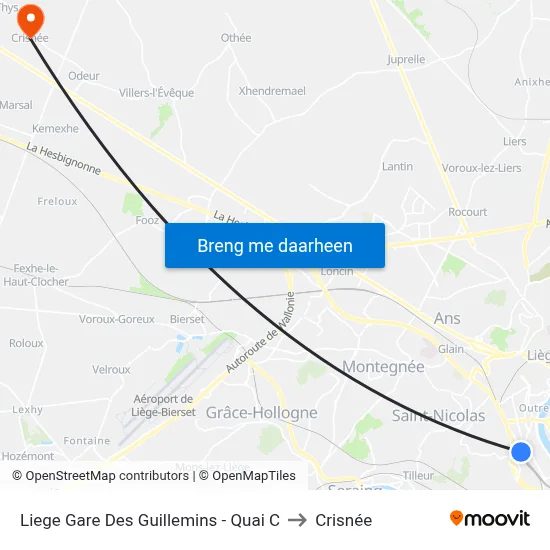 Liege Gare Des Guillemins - Quai C to Crisnée map