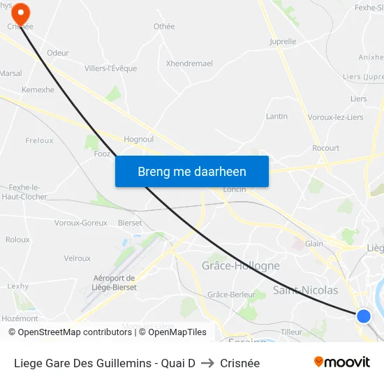 Liege Gare Des Guillemins - Quai D to Crisnée map