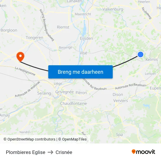 Plombieres Eglise to Crisnée map