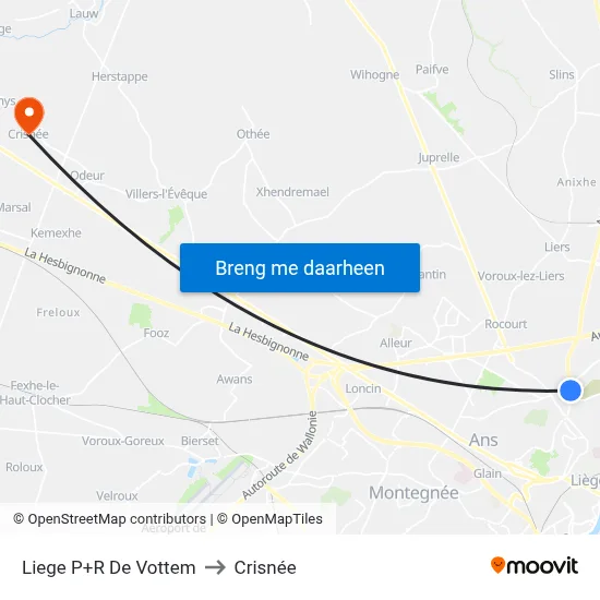 Liege P+R De Vottem to Crisnée map