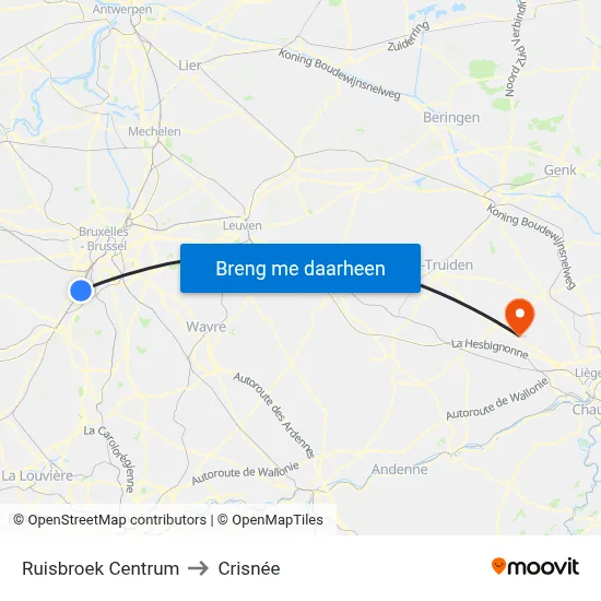 Ruisbroek Centrum to Crisnée map