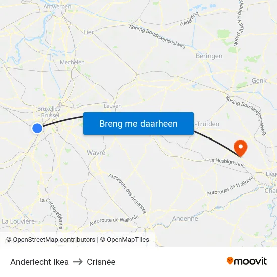 Anderlecht Ikea to Crisnée map