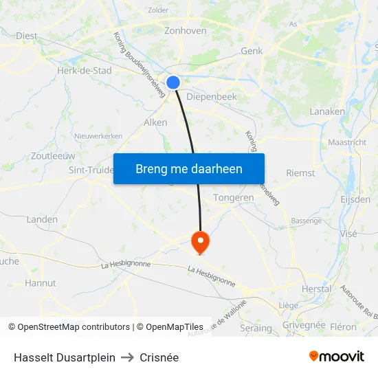 Hasselt Dusartplein to Crisnée map