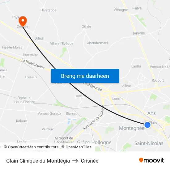 Glain Clinique du Montlégia to Crisnée map