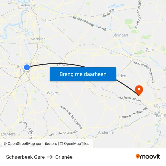 Schaerbeek Gare to Crisnée map
