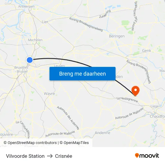 Vilvoorde Station to Crisnée map