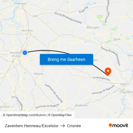 Zaventem Henneau/Excelsior to Crisnée map