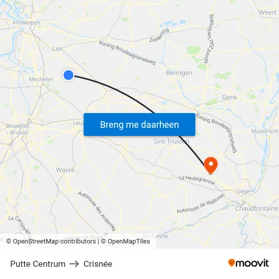 Putte Centrum to Crisnée map