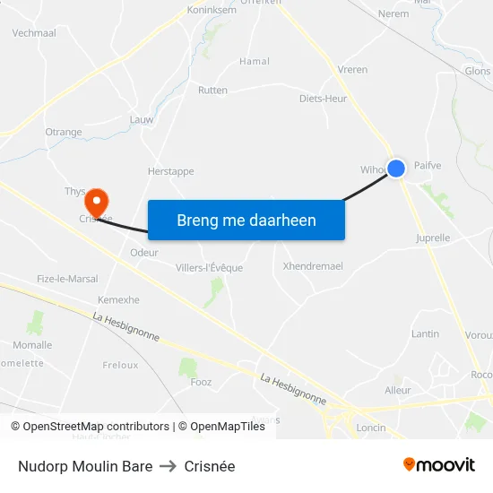 Nudorp Moulin Bare to Crisnée map