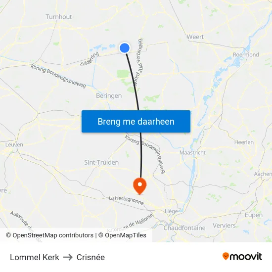 Lommel Kerk to Crisnée map