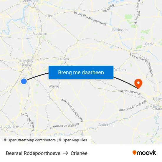 Beersel Rodepoorthoeve to Crisnée map