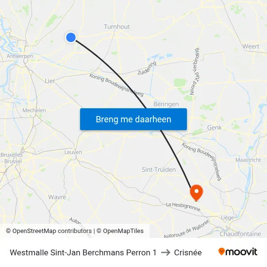 Westmalle Sint-Jan Berchmans Perron 1 to Crisnée map
