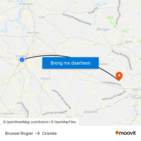 Brussel Rogier to Crisnée map