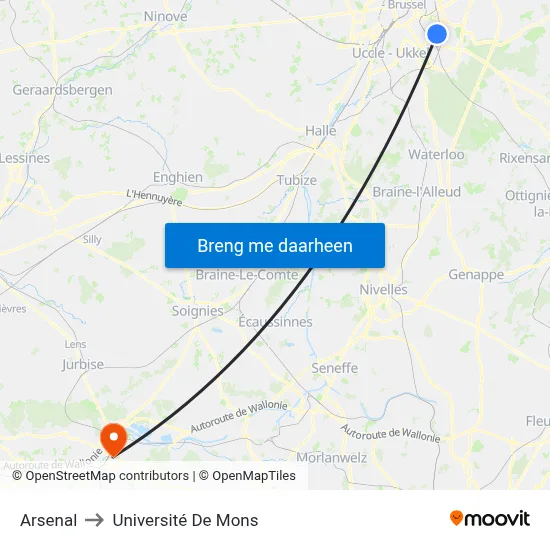 Arsenal to Université De Mons map