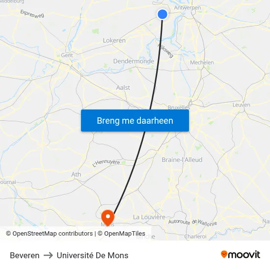 Beveren to Université De Mons map