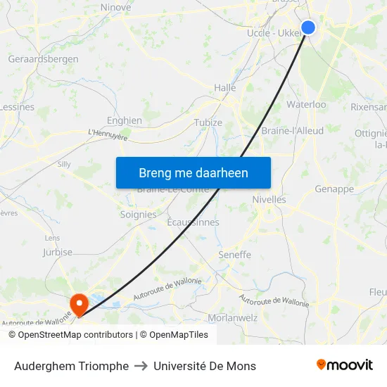 Auderghem Triomphe to Université De Mons map