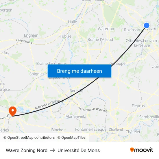 Wavre Zoning Nord to Université De Mons map
