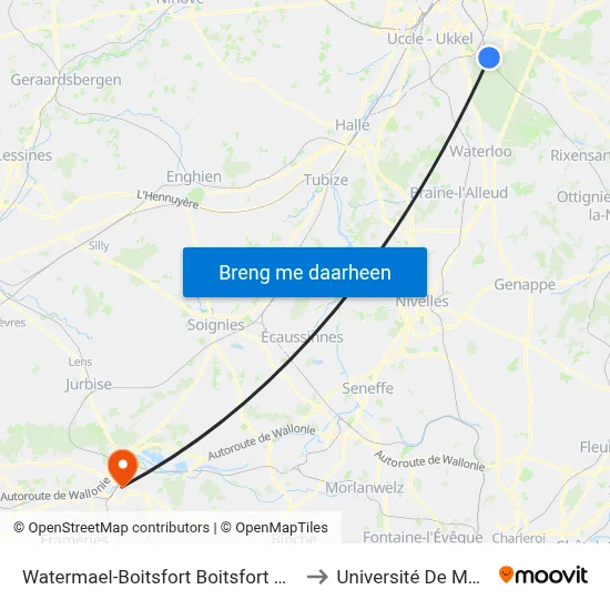 Watermael-Boitsfort Boitsfort Gare to Université De Mons map