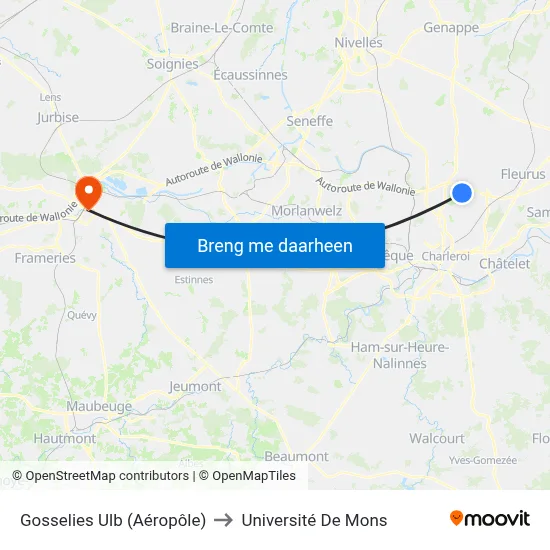 Gosselies Ulb (Aéropôle) to Université De Mons map