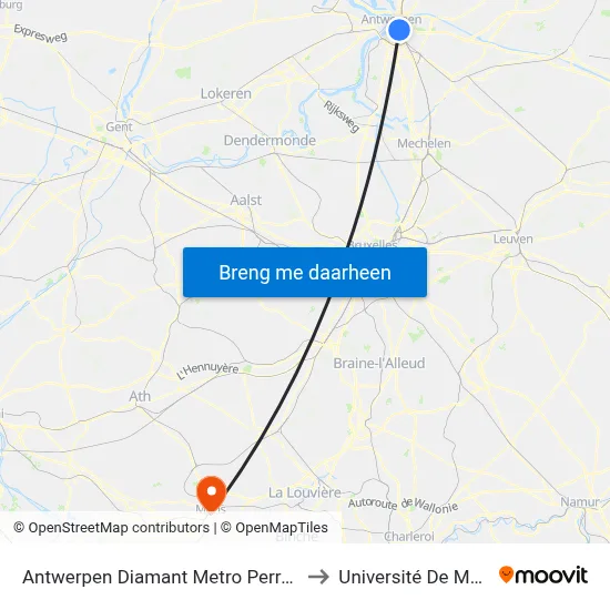 Antwerpen Diamant Metro Perron A to Université De Mons map