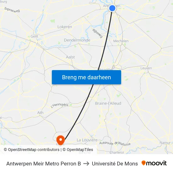 Antwerpen Meir Metro Perron B to Université De Mons map