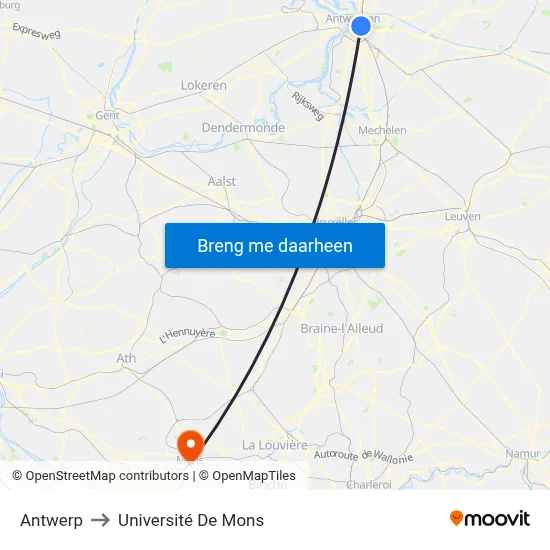 Antwerp to Université De Mons map