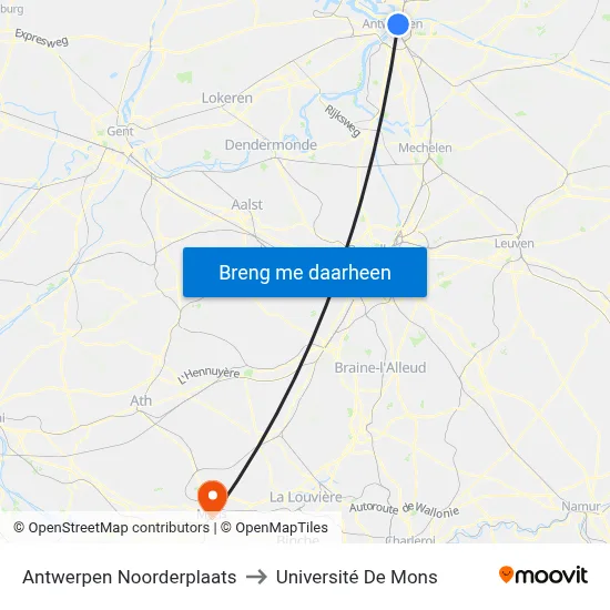 Antwerpen Noorderplaats to Université De Mons map