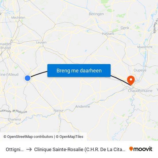 Ottignies to Clinique Sainte-Rosalie (C.H.R. De La Citadelle) map