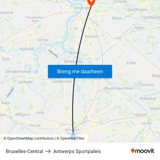 Bruxelles-Central to Antwerps Sportpaleis map