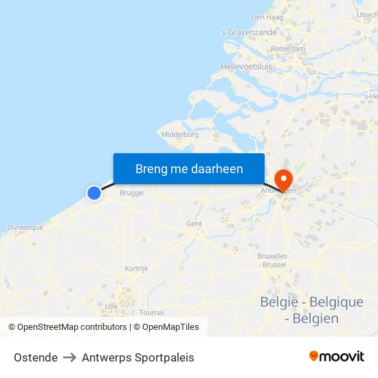 Ostende to Antwerps Sportpaleis map