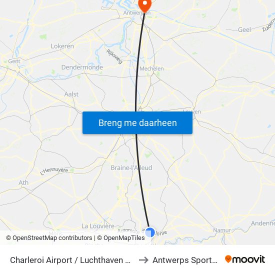 Charleroi Airport / Luchthaven Charleroi to Antwerps Sportpaleis map