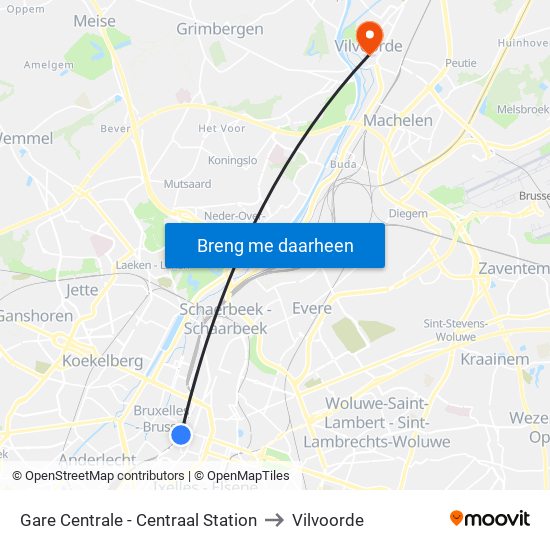 Gare Centrale - Centraal Station to Vilvoorde map