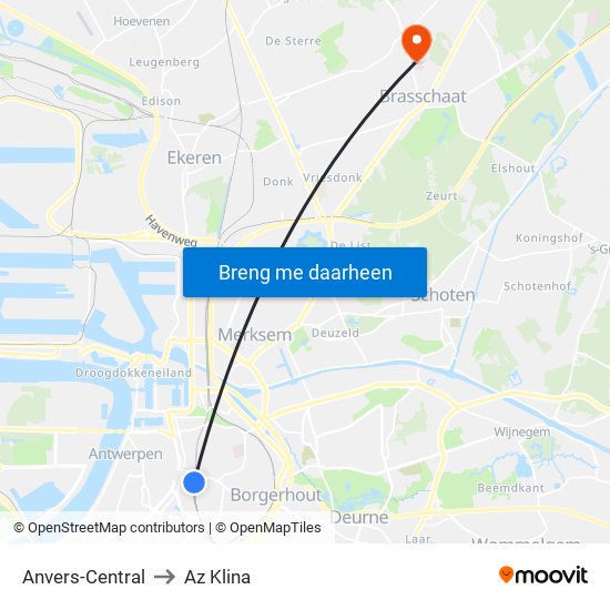 Anvers-Central to Az Klina map
