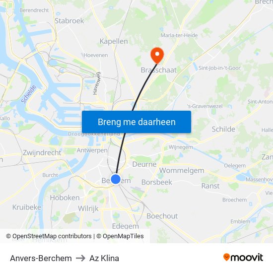 Anvers-Berchem to Az Klina map